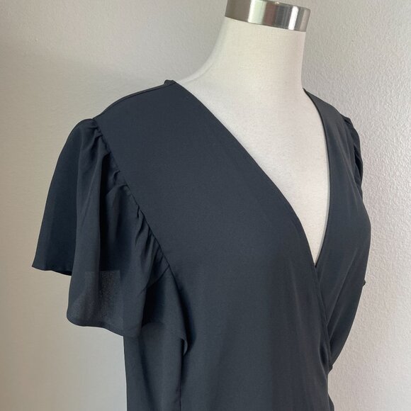 Loft Womens Plus 26 Black Wrap Top Short Flutter Sleeves Blouse Shirt - Picture 2 of 7